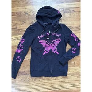 Vintage Y2K Seven7 Hoodie Womens L (M) Black Zip Long Sleeve Pocket C26